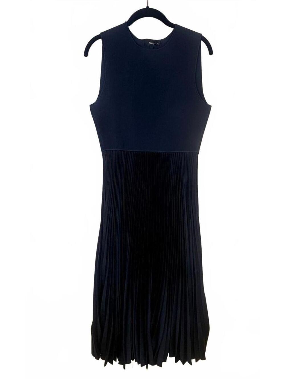 Theory‎ Navy Pleated Combo Sleeveless Mock Neck Satin Skirt Midi Dress Size M